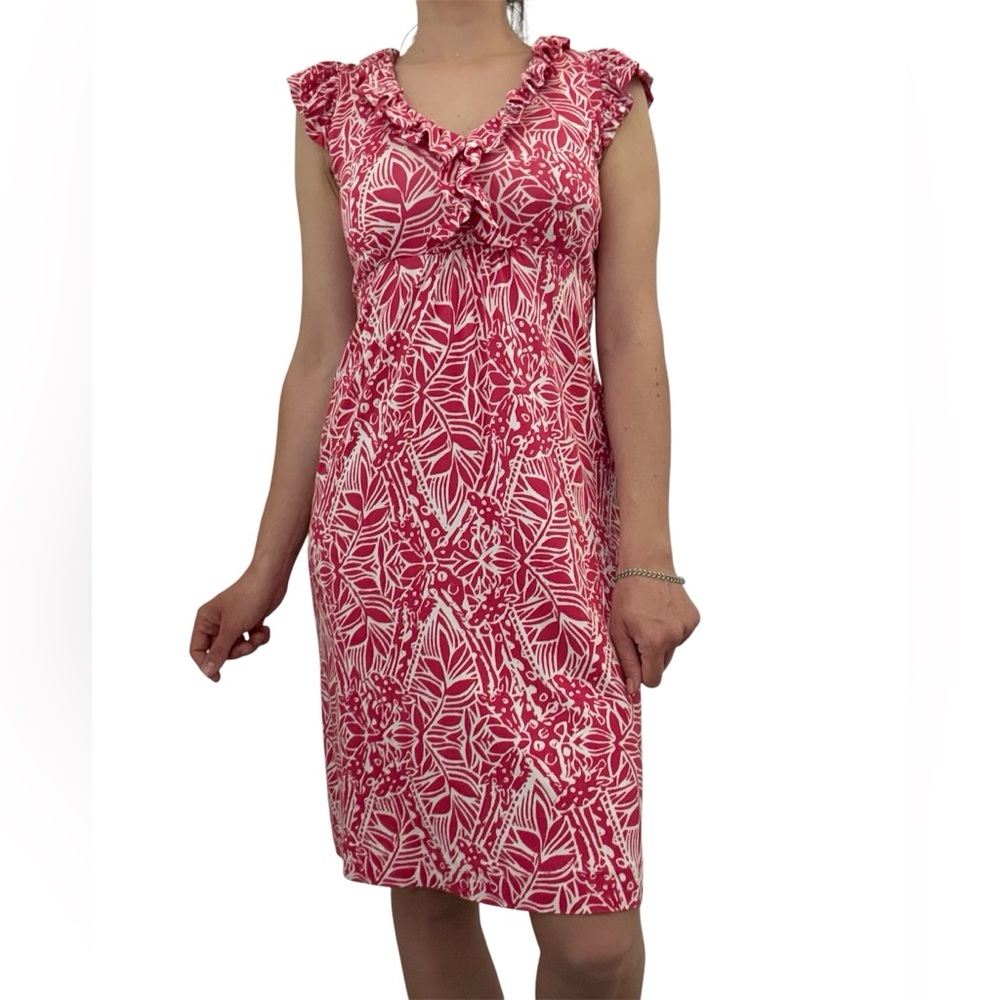 Lily Pulitzer Silk Red Floral-Print Dress with Ruffle Neckline